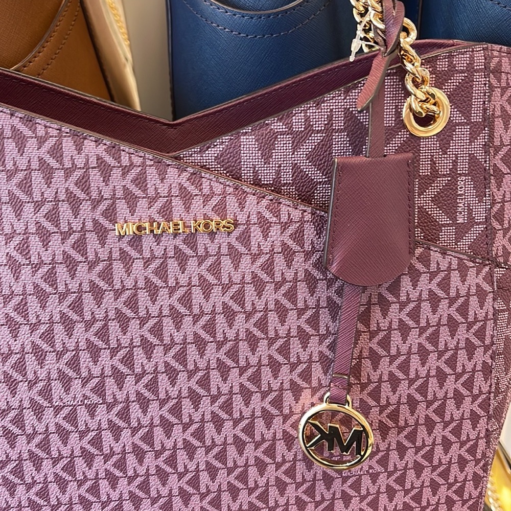 Michael Kors Jet Set Travel Large Chained Tote Shoulder Bag MK Bordeaux Multi - Picture 14 of 16